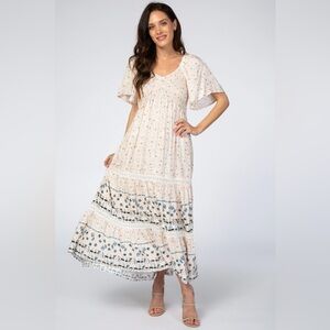 Floral Maxi Dress in Cream and Blue Size Medium